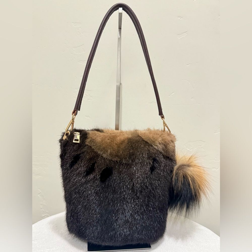 Premium Mink Fur Handmade Basket Tote Bag Includes Fox Fur Bag Charm & 2 Straps